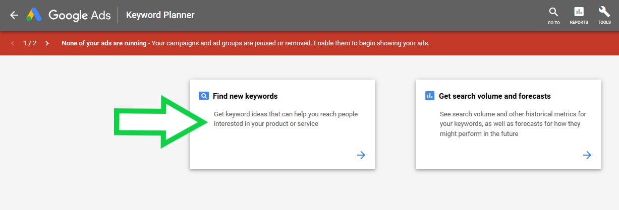 Google Ads keyword planner main menu. 