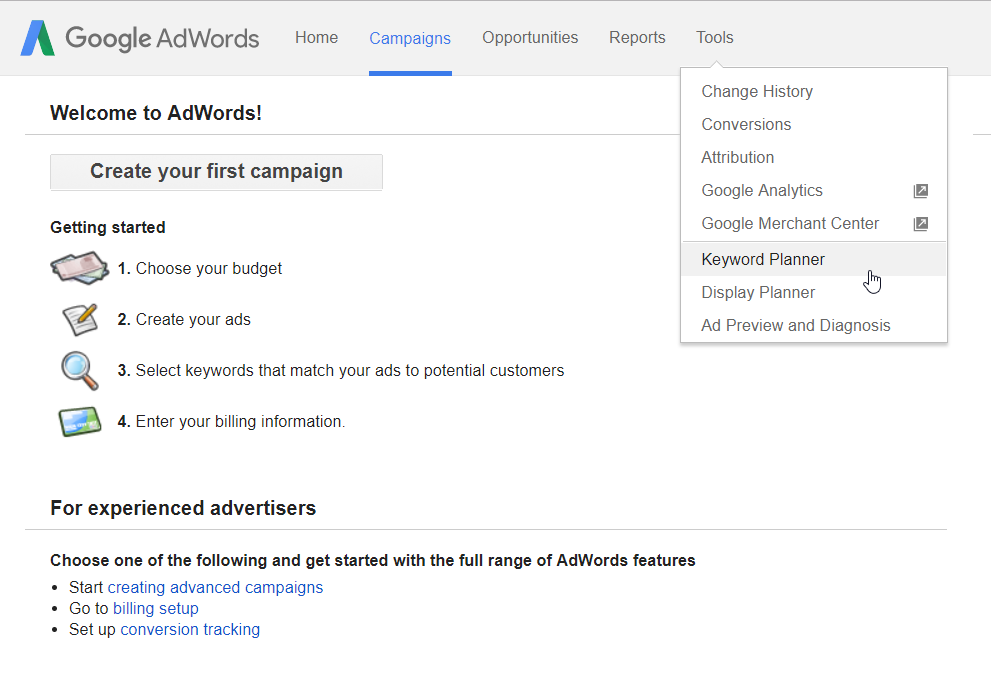 Sign in and Select Keyword Planner