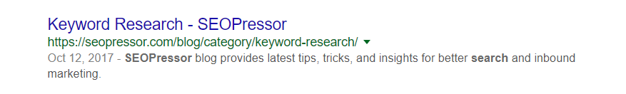 Example of search result on SEOPressor Keyword Research