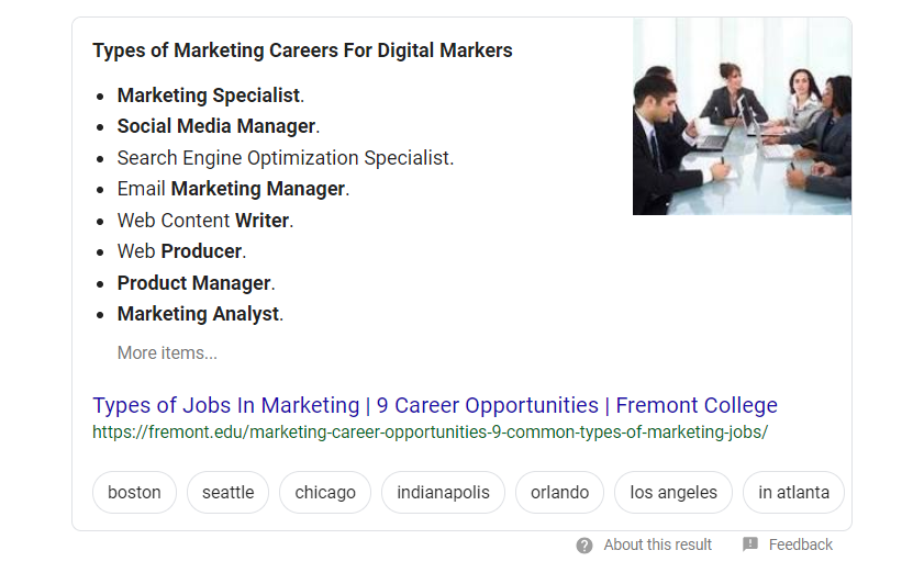 Featured snippet in unordered list format
