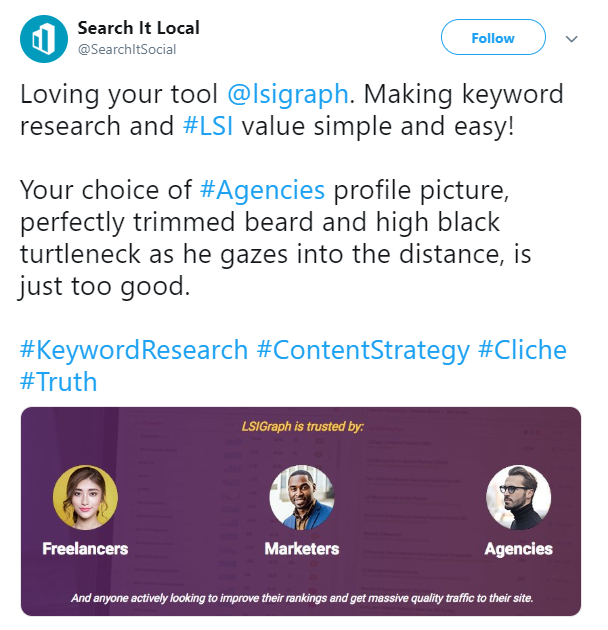 Twitter testimonials on LSIGraph tool