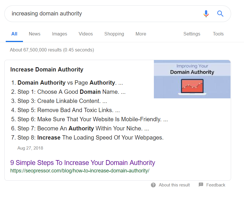 Increasing domain authority position 0