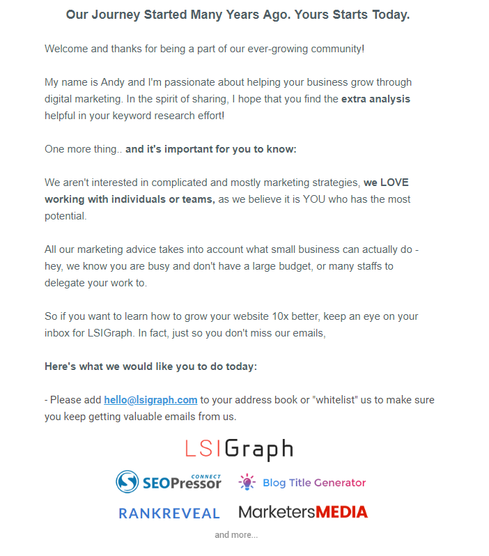LSIGraph welcome email marketing