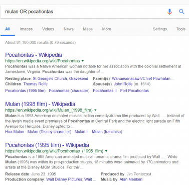 mulan OR pocahontas goole search
