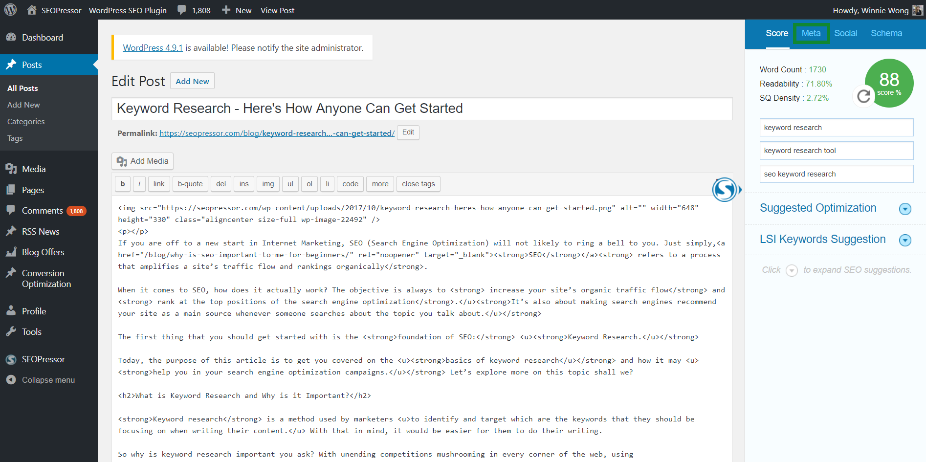 In your blog post, go to the Meta tab