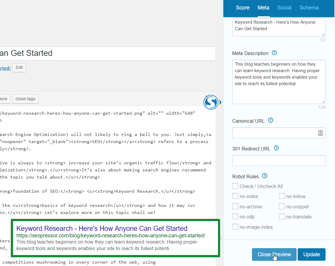 Preview of meta description on SEOPressor
