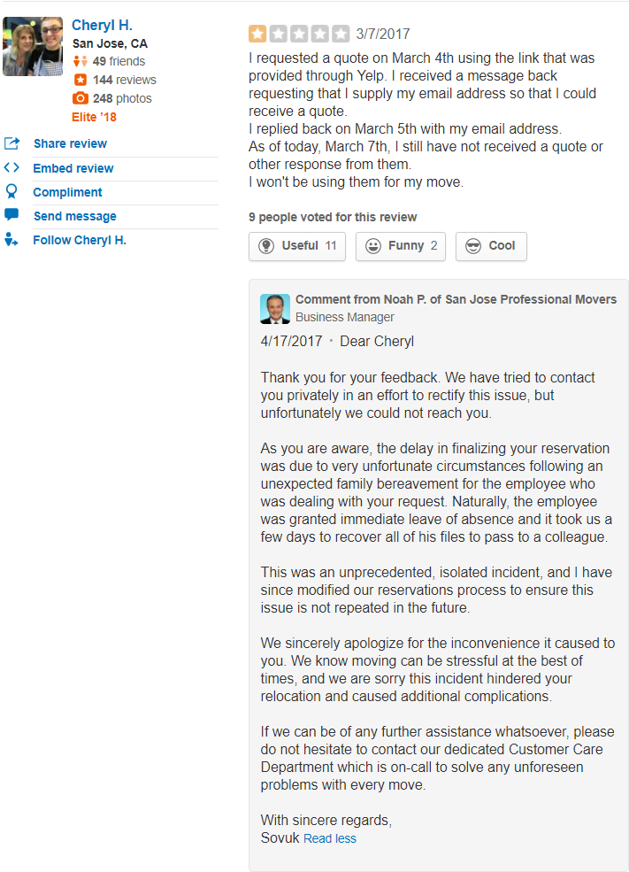 YELP RESPONSE TO A BAD REVIEW